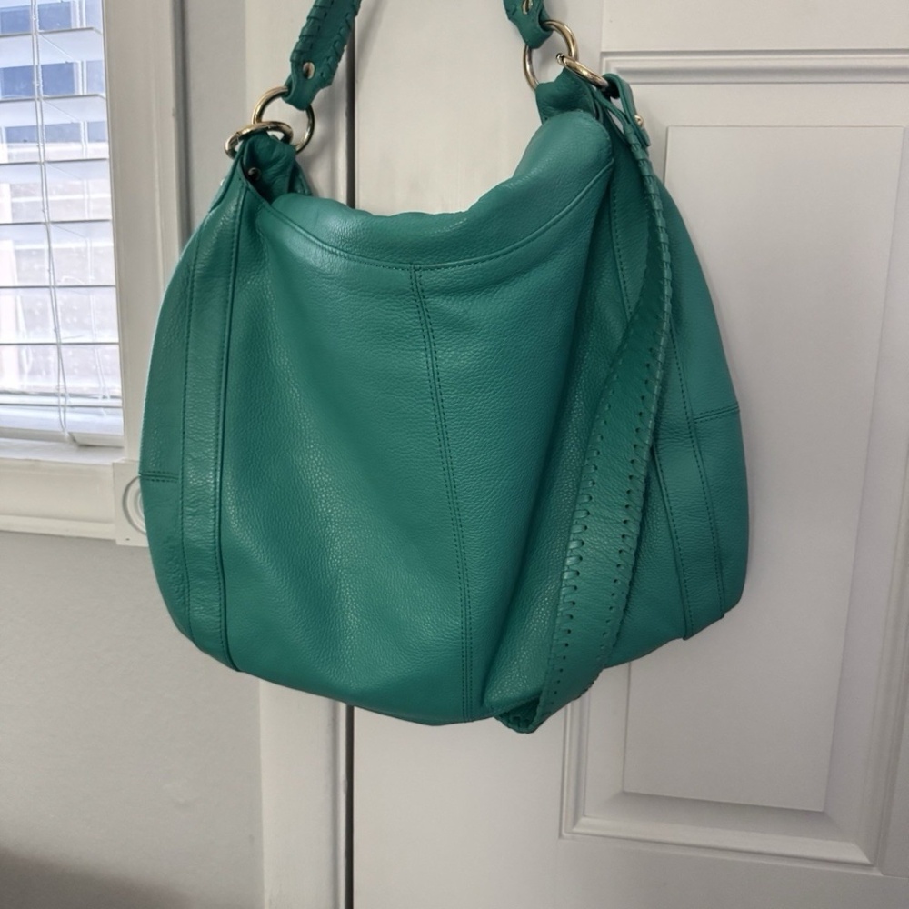 Onna Ehrilich Turquoise Shoulder Bag Pebble Leather Gold Hardware Zip Tassel - Picture 2 of 7